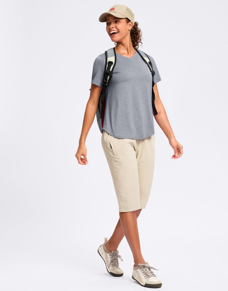 Womens Workout Shirts V-Neck Short Sleeve UPF 50+ Sun Shirt Moisture Wicking Dry Fit Top for Gym, Running, Athletic (Heather Grey, L)