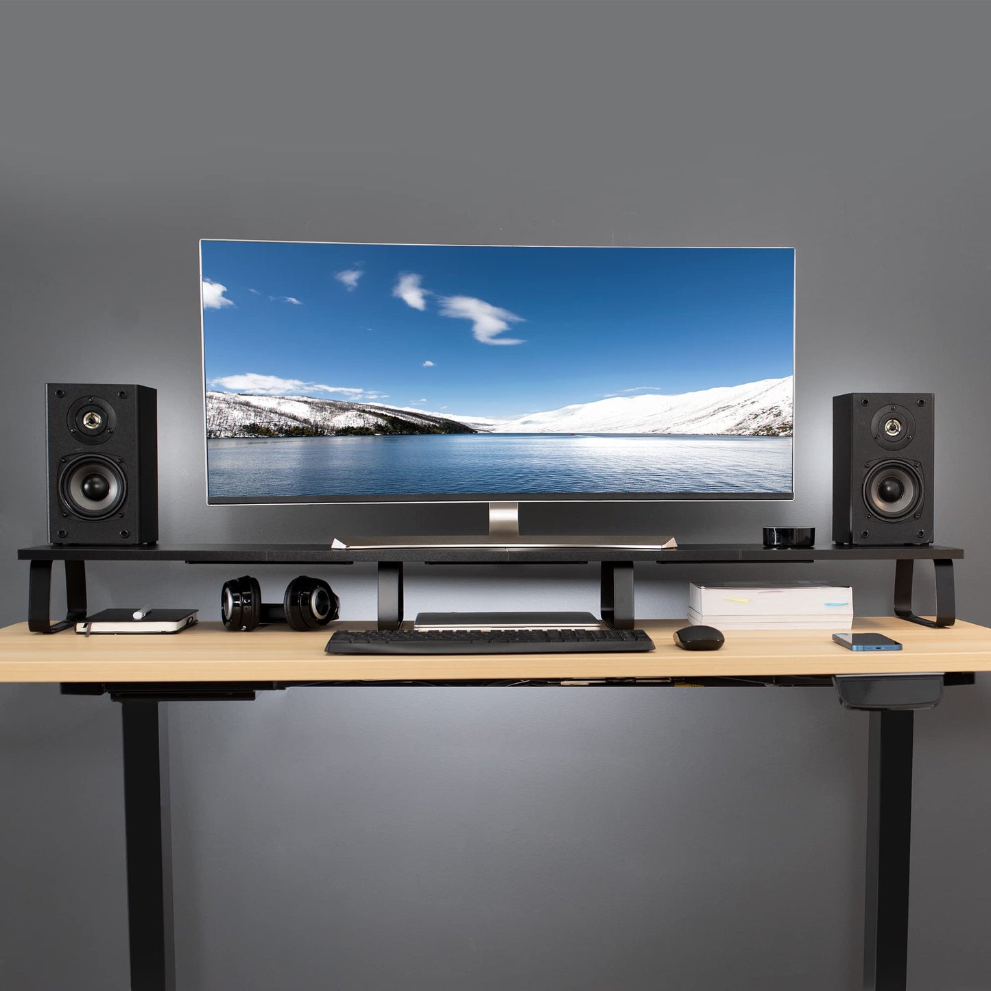 VIVO 55 inch Extra Long Monitor Stand, Wood & Steel Desktop Riser, Multi Screen, TV, Keyboard, Laptop, Ergonomic Desk and Tabletop Organizer, Black, STAND-V000D5