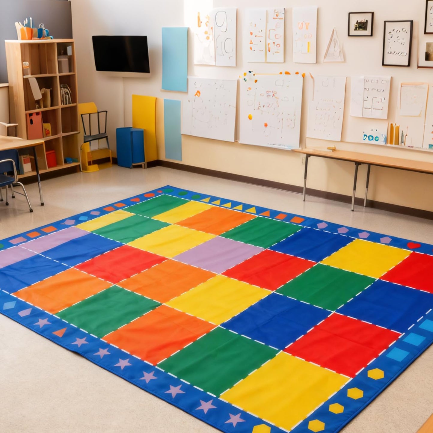 MAISONRINA Large Classroom Rugs Elementary 7'7''x13',Daycare Rugs with Colorful Blocks,Classroom Rug with Seating Spots for Preschool Kindergarten,Kids Rug for Playroom & Kids Room - Seats 28