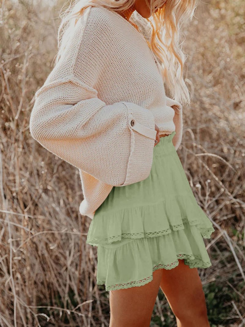 Aoudery Flowy Shorts for Women Casual Boho Ruffle Tiered Skorts High Waist Mini Skirts Golf Tennis Butterfly Crochet Shorts - Grey Green XS