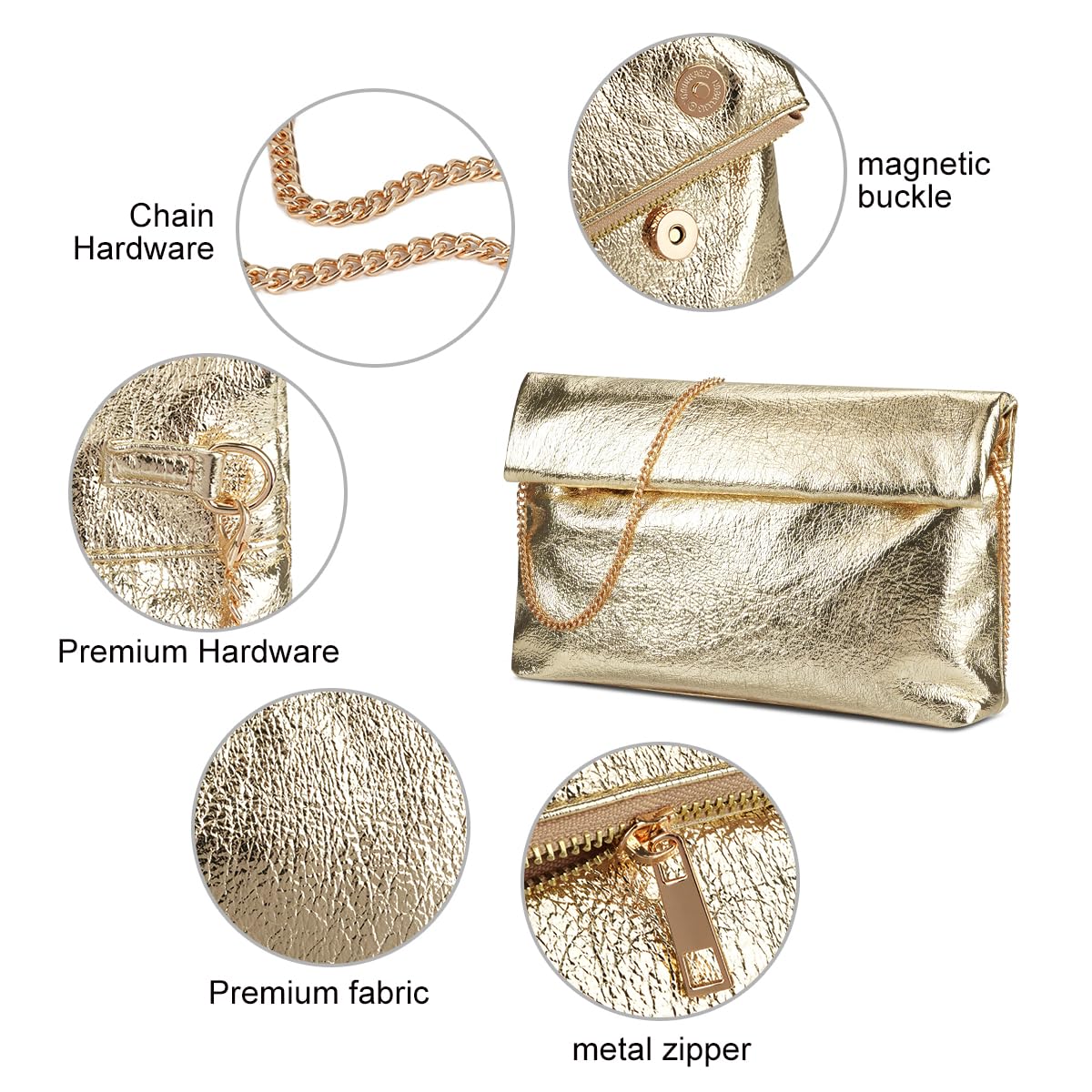 MXCMXC Women's Evening Clutch Bag Metallic Crinkled Leather Clutch Purse, Fold-over Handbag Envelope Purse with Hidden Magnetic (Gold)