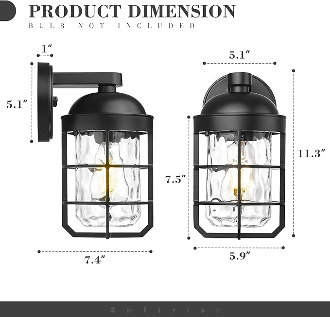 Emliviar 1-Light Porch Wall Lantern with Metal Cage, Outdoor Sconce Wall Mounted Lighting with Water Ripple Glass, Matte Black Finish, GE255BL BK-WG