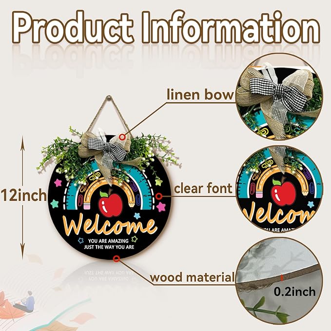 Classroom Teacher Door Sign Wooden Welcome Classroom Door Sign Teacher Wreath for Classroom Door Rainbow Hanging Plaque Inspirational You are Amazing Quote Kids Classroom Decor 12 inch