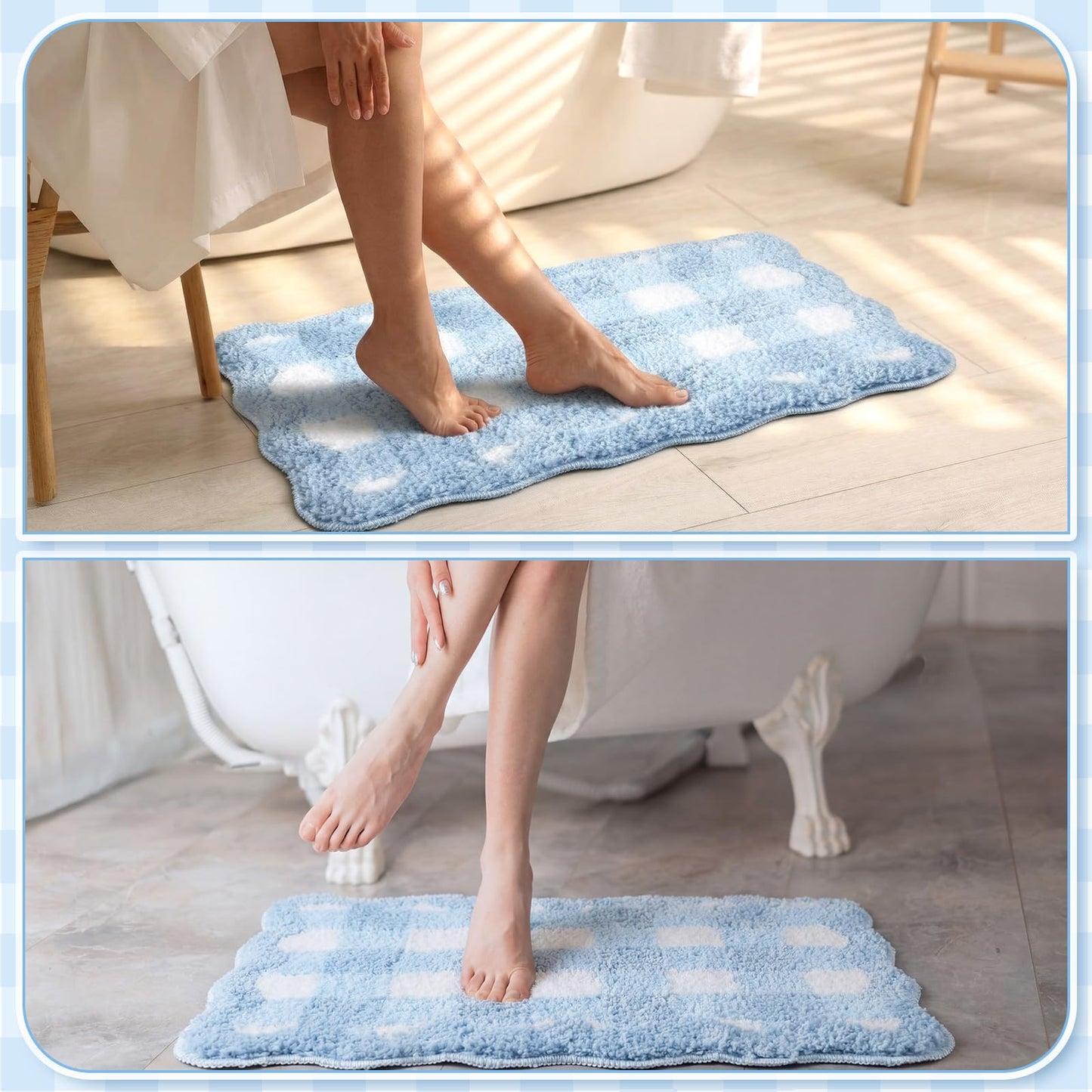 Dunzy Blue Scalloped Gingham Bathroom Mat 16" x 24" Non Slip Coquette Checkered Cute Aesthetic Bath Rug Preppy Room Decor Microfiber Absorbent Carpet for Bathtub Shower Bedroom