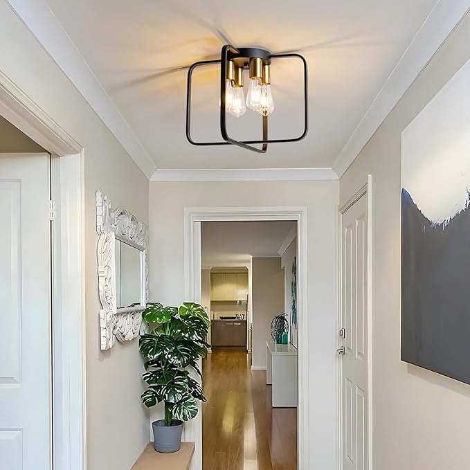 KSRYSZCQ 4-Light Flush Mount Ceiling Light Fixture Farmhouse Industrial Black Metal Ceiling Light for for Kitchen Living Room Bedroom Hallway Foyer, E26 Base