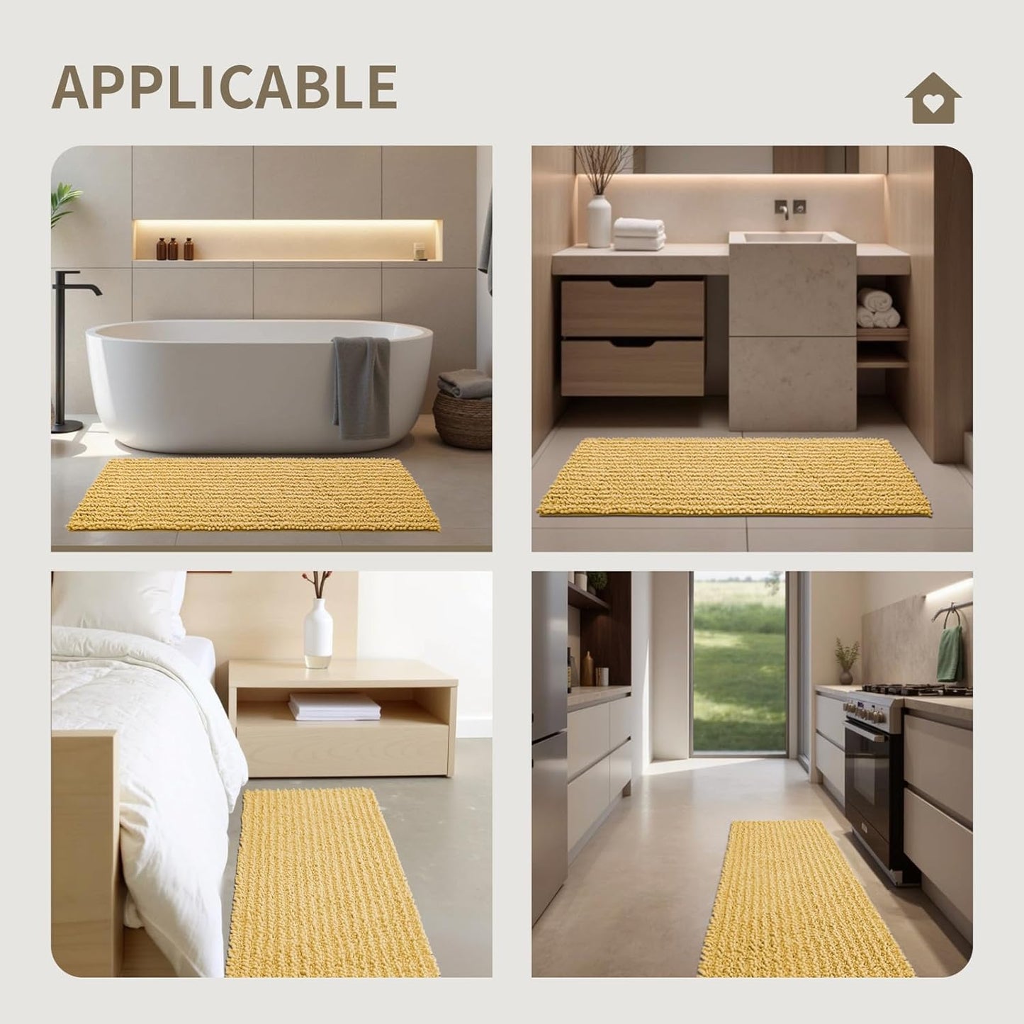 Ruggnovea Toilet Rugs U-Shaped Mat 24x24, Contour Bathroom Mat - Ultra Soft & Absorbent Chenille, Quick-Dry, Machine Washable with Non Slip Barrier Backing, Yellow