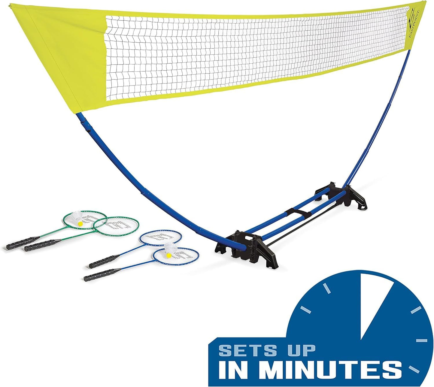 EastPoint Easy Setup Badminton Set - 5 ft Net, 4 Rackets, 2 Shuttlecocks - Quick Setup Net for Backyard Games - Steel Shaft Badminton Rackets for Family Games - Durable Shuttlecocks for Outdoor Sports