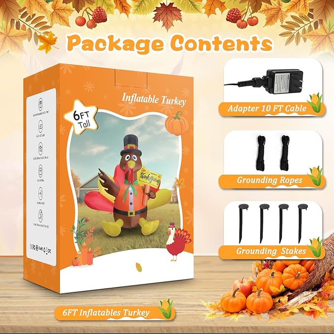 FunFanso 6 FT Thanksgiving Inflatable Turkey Outdoor Decoration, Blow Up Turkey with Pilgrim Hat and Colorful Tail, Holding Happy Thanksgiving Sign, Built-in LED Light for Autumn Holiday Harvest Party