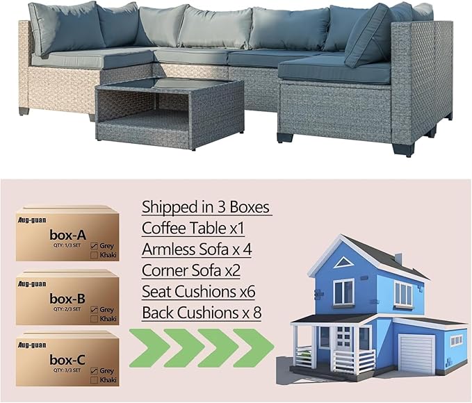 Patio Furniture Set 7-Piece, All-Weather Outdoor Conversation Set Sectional Sofa with Water Resistant Grey Thick Cushions and Coffee Table(Grey)