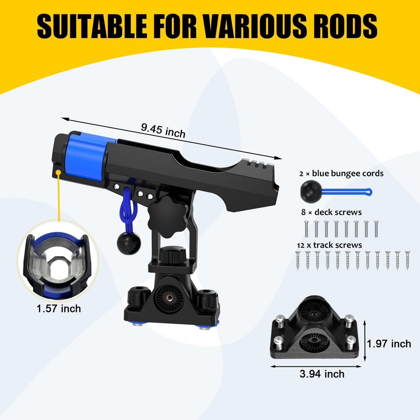 Track Mount Fishing Rod Holder for Kayak or Boat, Track Rod Holder with Solid Dual T Bolt and Bungee Cord Safety System for Kayak or Boat Trolling, Anglers' Gift