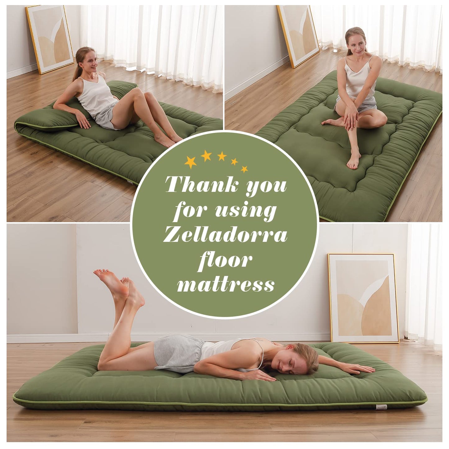 Zelladorra Japanese Floor Mattress, Futon Mattress with Portable Storage Bag and Washable Cover, Roll Up Thick Tatami Mat Suitable for Camping, Guest Room, Green, Twin
