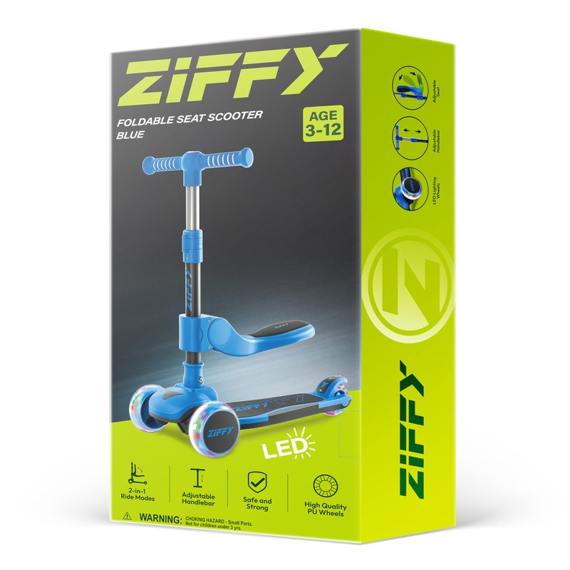 JOVA ZIFFY 2-in-1 Toddler Scooter with Seat, 3 Wheel Scooter with LED Lights, Anti-Slip Surface, Adjustable Height Handlebars and Foldable Seat, Toys for Kids Ages 3-12, Blue (Up to 110 Lbs)
