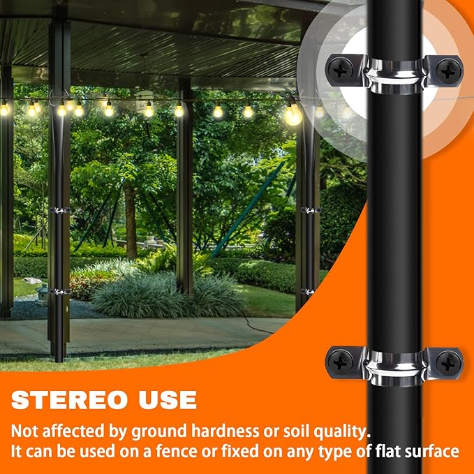 4 Pack 10Ft String Light Poles, Metal Poles with Fork for Outside Lights,Outdoor Metal Light Stand with Fence Brackets Hanging Lights for Garden Patio Wedding Backyard Deck Party
