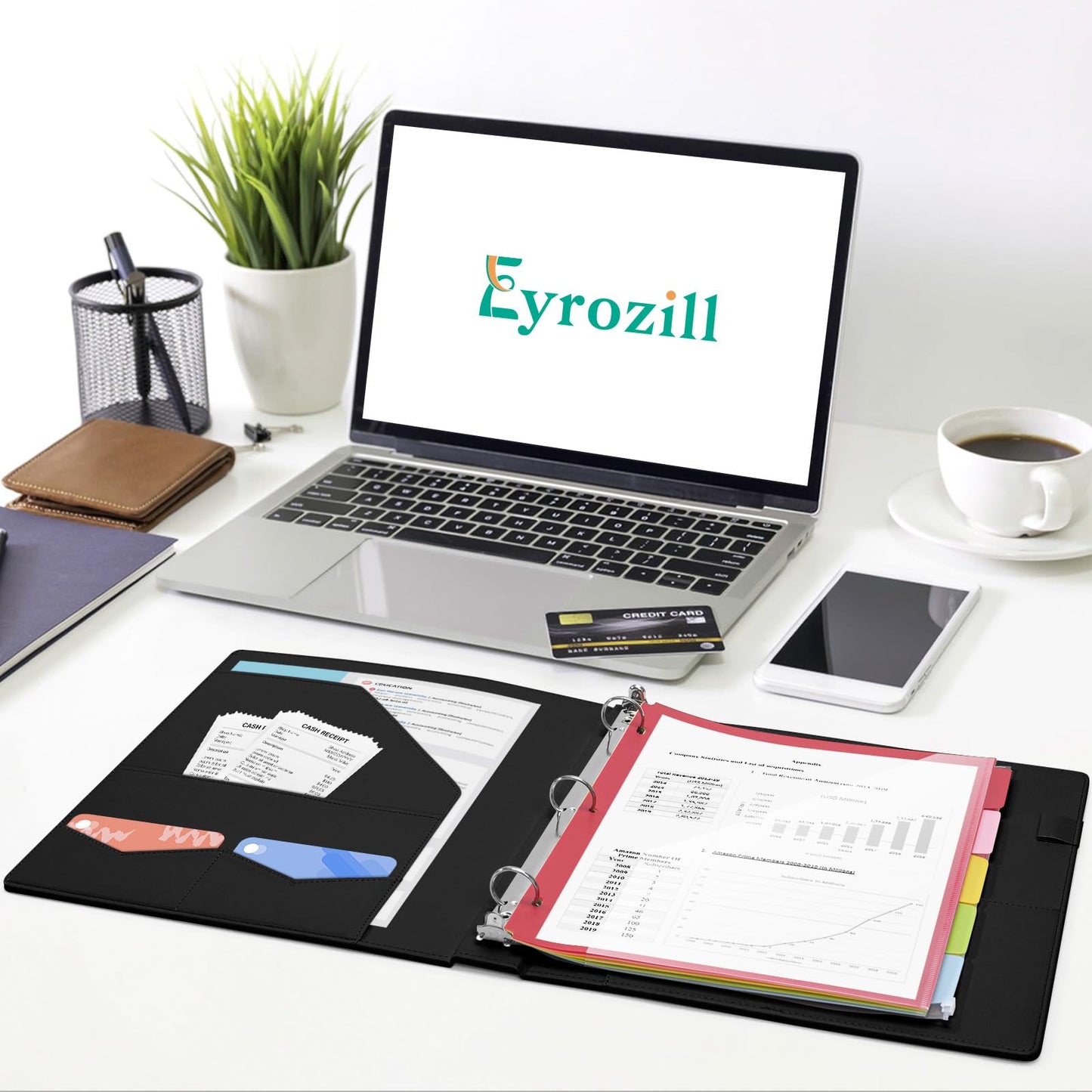 Eyrozill Professional Leather Binder Portfolio with Clipboard, Zipper Pouch, 5 Sheets Plastic Dividers,Leather 3 Ring Binder 8.5 x 11, 1-inch Round Rings, Professional Binder Organizer, Black