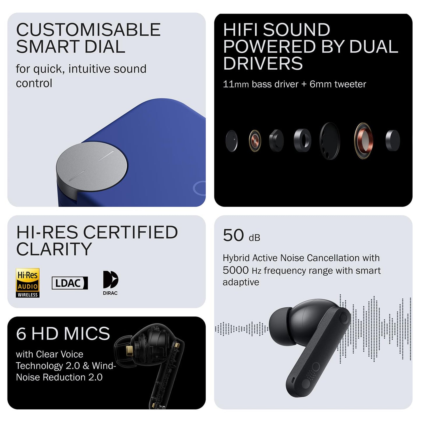 CMF Buds Pro 2 Wireless Earbuds with Smart Dial, 50dB Hybrid Noise Cancelling Earbuds Wireless Bluetooth 5.3, 11mm Bass with LDAC, 6 Hi-Res Audio Mics, 43H Playtime, Fast Charging Case, Blue