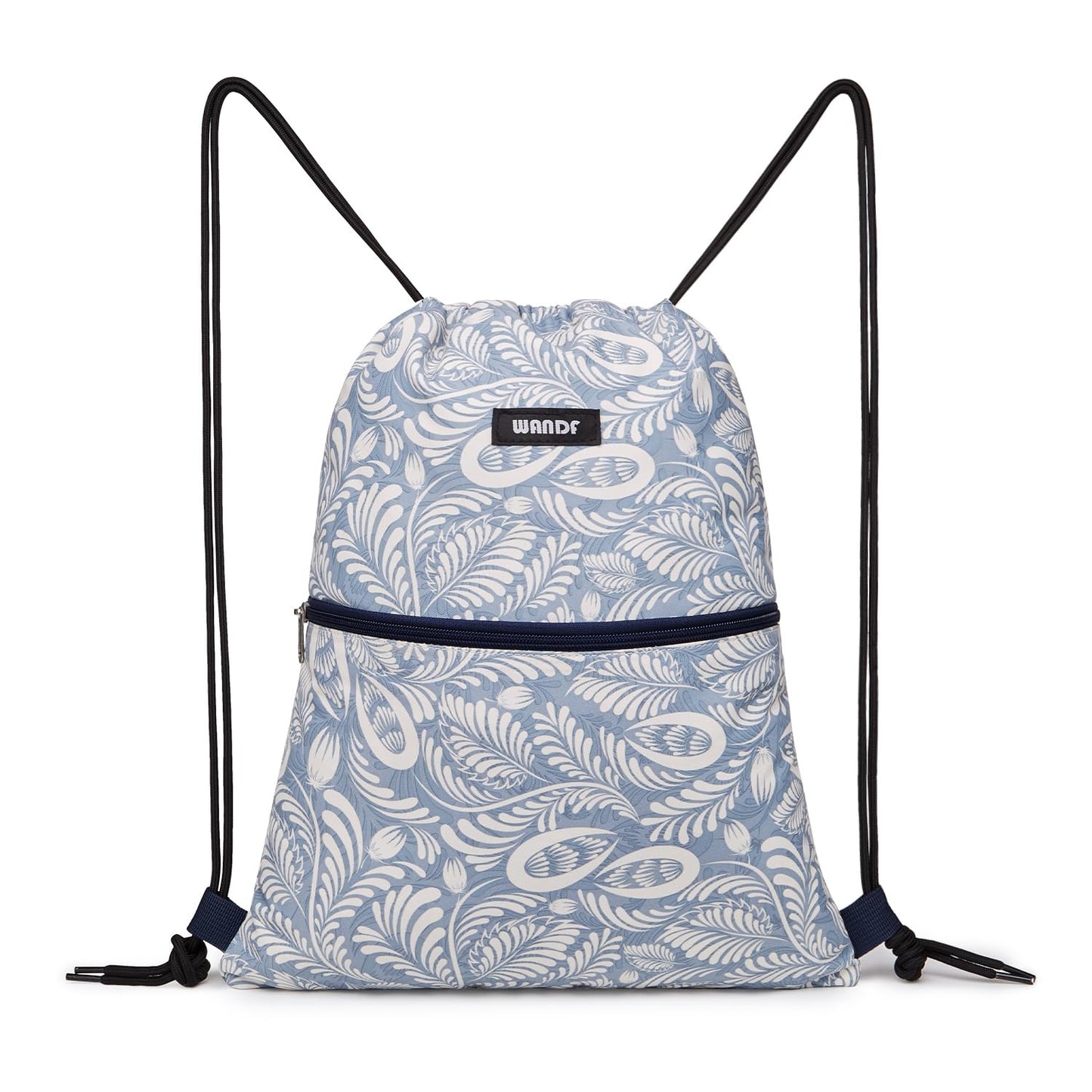 WANDF Drawstring Backpack String Bag Sackpack Cinch Water Resistant Nylon for Gym Shopping Sport Yoga (Light Blue Leaf with zipper)