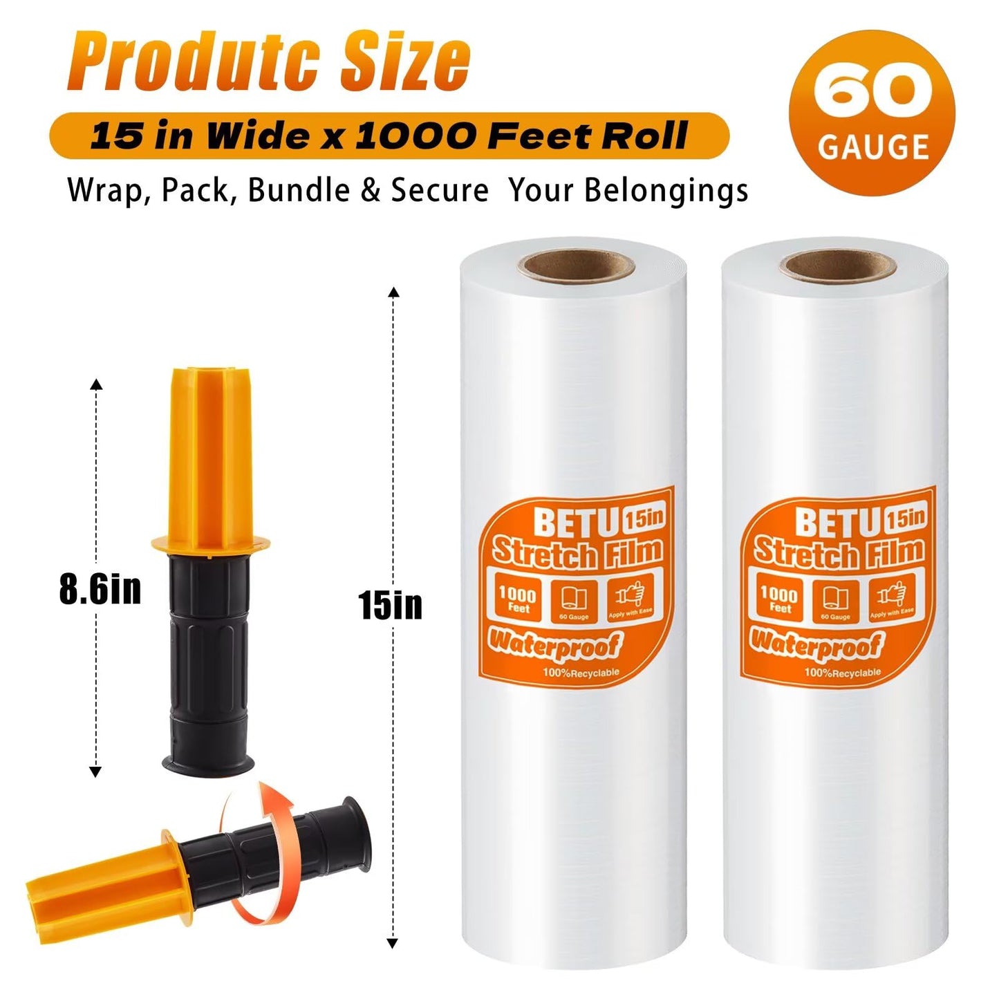 Stretch Film Shrink Wrap for Moving Supplies (15inch, 2 Pack) x 1000ft, Industrial Strength Plastic Wrap Stretch Roll for Pallet Wrapping Shipping Moving Boxes Storage Furniture with Handles, Clear