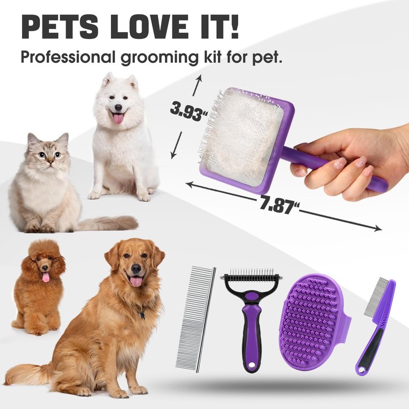 Bonteck Dog Slicker Brush for Dogs Grooming Kit 5PCS | Large Dog Brush for Goldendoodles Poodles Doodles | Long Pin Haired Brush | Poodle Brushes and Comb (Purple)