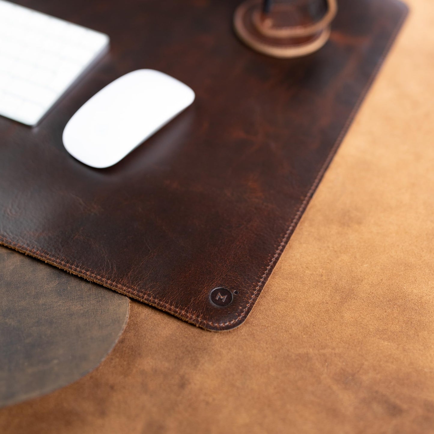 moonster 100% Full Grain Buffalo Leather Desk Pad with Ballpoint Pen & Pen Holder β 31 x 16 in Office Desk Mat, Large Mouse Pad, Non-Slip Desk Blotter, Laptop Table Protector, Desk Cover for Work