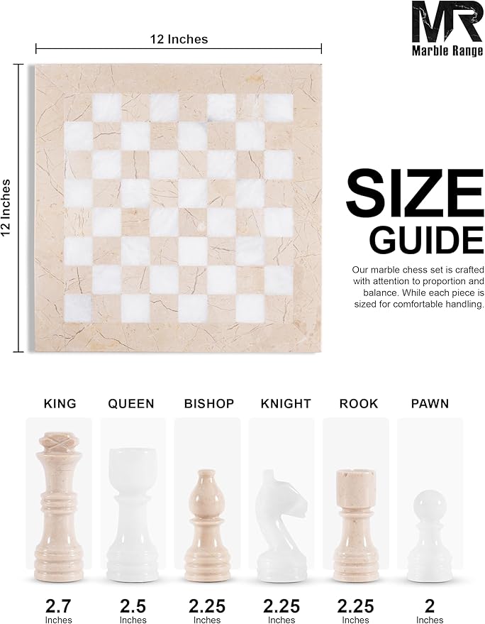 Marble Chess Set for Adults 12 Handmade Verona & White Board Game with 32 Chess Pieces 2 Extra Queens & Storage Box Luxury Travel Game Elegant for Home Decor