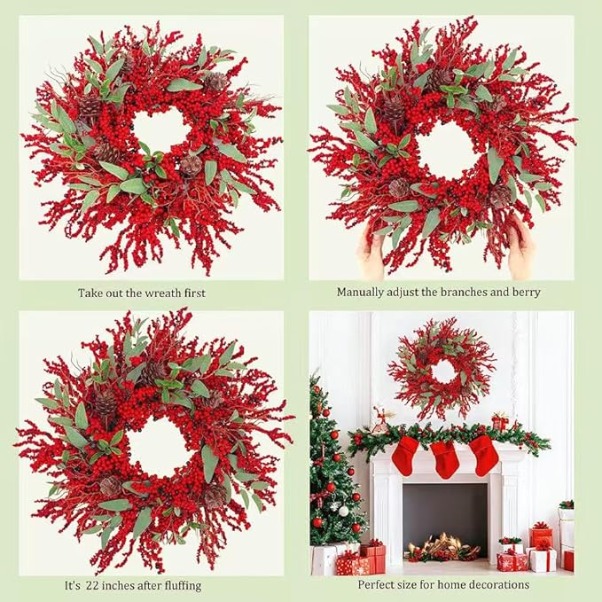 20 inch red Berry Christmas Wreath for Front Door,Used for Wall, Window, Porch, Farmhouse, Indoor and Outdoor Home Decoration