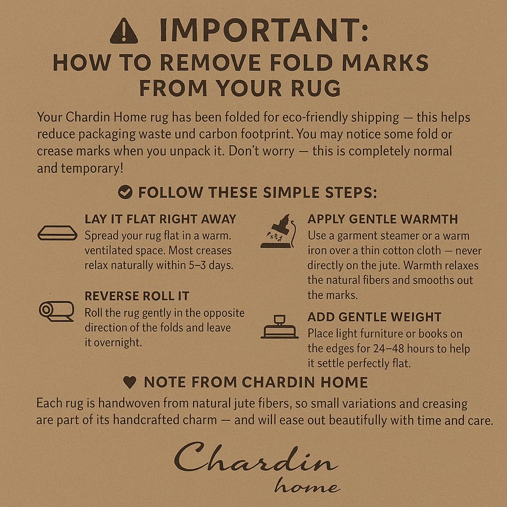 Chardin home 8x10 Jute Cotton Hand Woven Area Rug, Natural Jute Braided Boho Farmhouse Rug, Rustic Vintage Reversible Natural Fiber Rug for Living Room, Bedroom, Dining Room, Office, or Entryway.