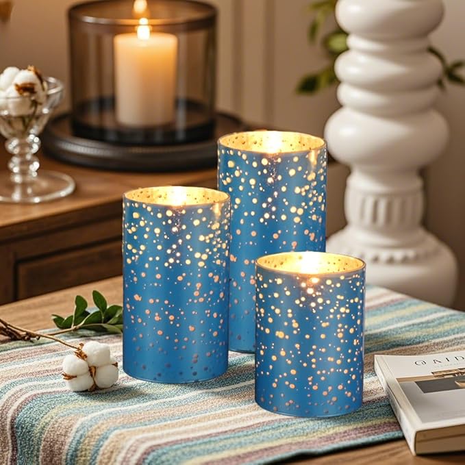 Flameless Blue Mercury Glass LED Pillar Candles with Remote and Timer, Battery Included, Flickering Warm White Light, Set of 3 for Christmas, Holiday, Home Décor, Weddings, Parties