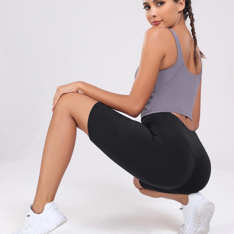 Oalka Women's Yoga Short Side Pockets High Waist Workout Running Shorts Black L