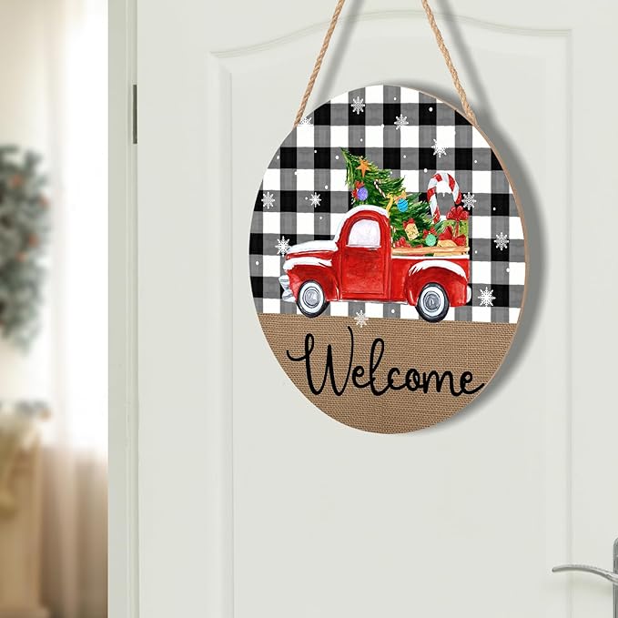 Harooni Christmas Welcome Front Door Sign for House Merry Christmas Holiday Decoration Hanging Sign Red Truck Xmas Round Wood Wreaths for Home Wall Porch Yard Garden Farmhouse Christmas Day 12"x12"