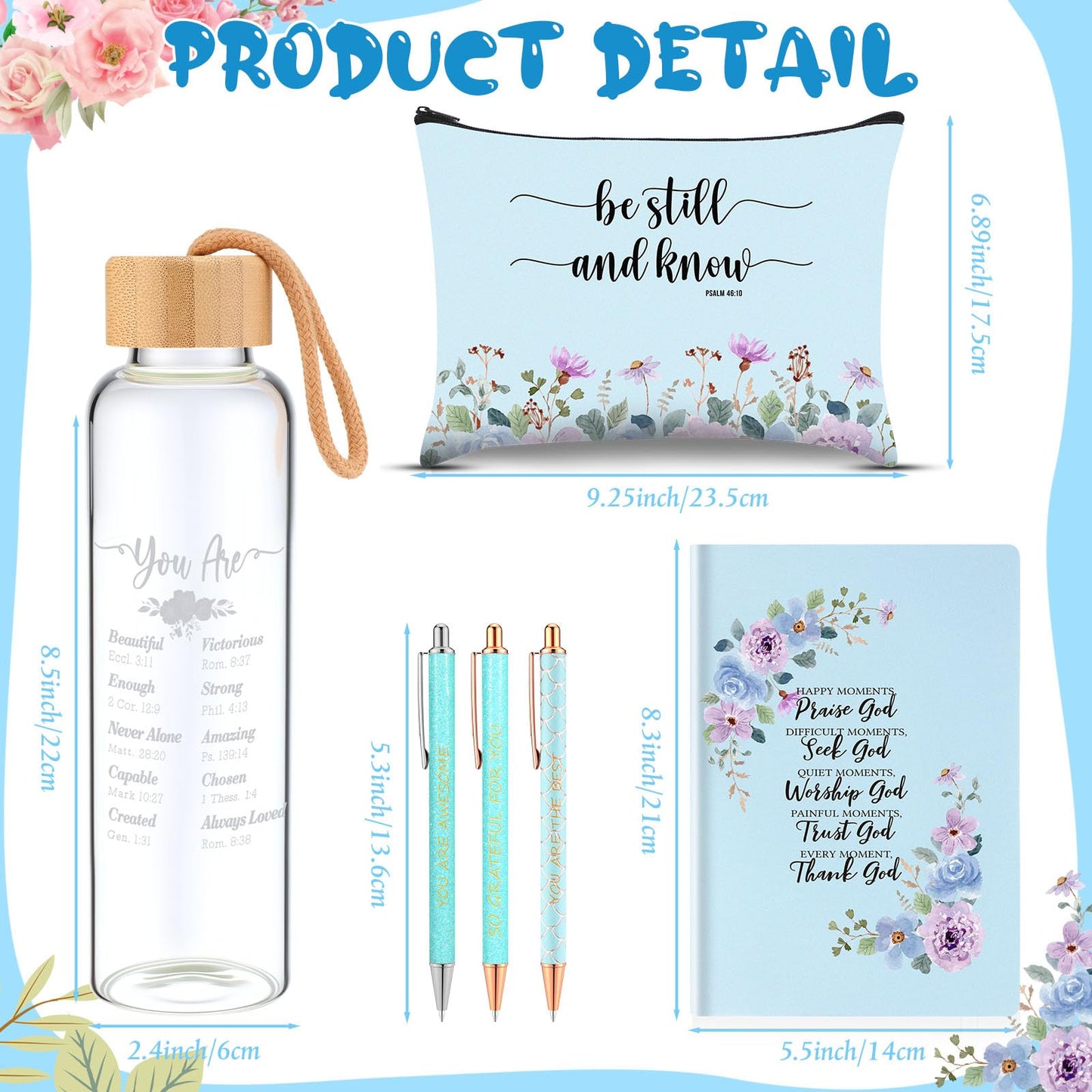 Resholder 6 Pcs Christian Gifts Set for Women Glass Bottle, Makeup Bag, Ballpoint Pens, Religious Scripture Notebook Inspirational Gifts for Sunday School Church(Blue)