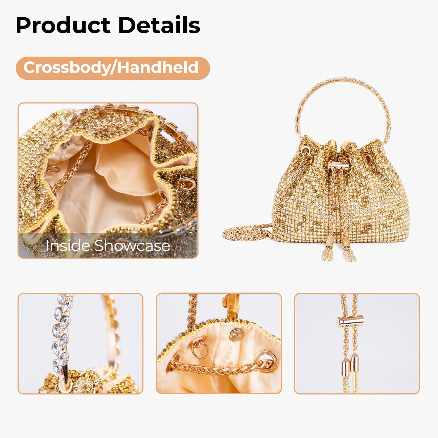 frrbuu Gold Rhinestone Bucket Bag with Drawstring Closure, Crystal Embellished Evening Purse with Chain Strap