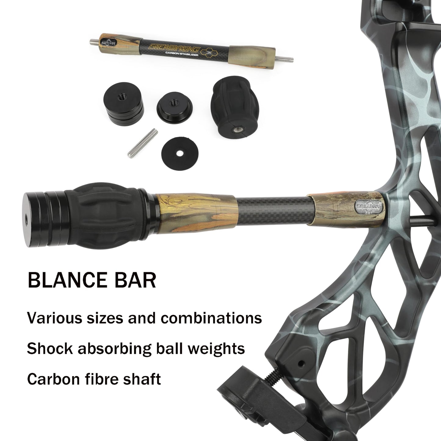 HNZMDY Archery Bow Stabilizer for Compound Bow, 6", 8",10",12",15" Carbon Fiber Blance Bar, Damping System and Shock Absorber Weights Kit (10 inch, Black camo)