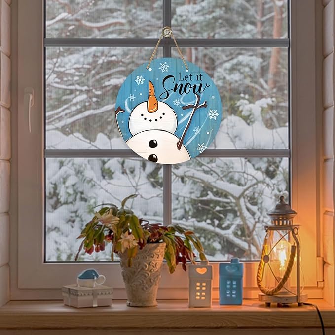 Deroro Winter Snowman Blue Front Door Sign, Let It Snow Farmhouse Wood Door Hanger Outdoor Outside Porch Decor, Christmas Seasonal Snowflake Wooden Wreath Indoor Wall Hanging Decoration