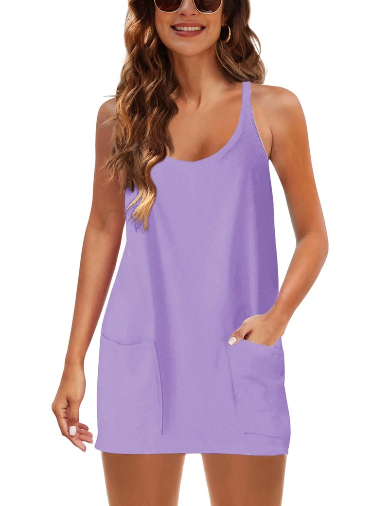 Lentta Womens Athletic Sleeveless Mini Dress with Built-in Shorts V Neck Spaghetti Strap Sundress(Purple-M)
