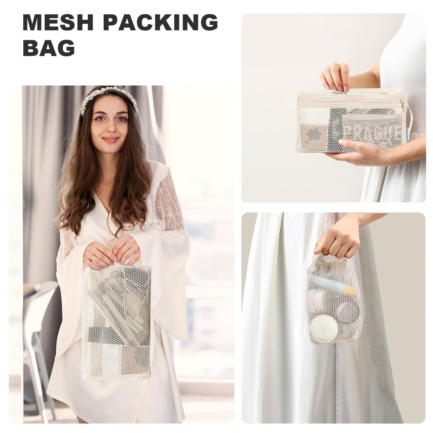 NOL Natural Organic Lifestyle 3-Pack Mesh Travel Toiletry Bags - Clear Zipper Travel Organizer, Airport Carry-On Compliant Reusable Cosmetic Makeup Bag for Women & Men (Cream)