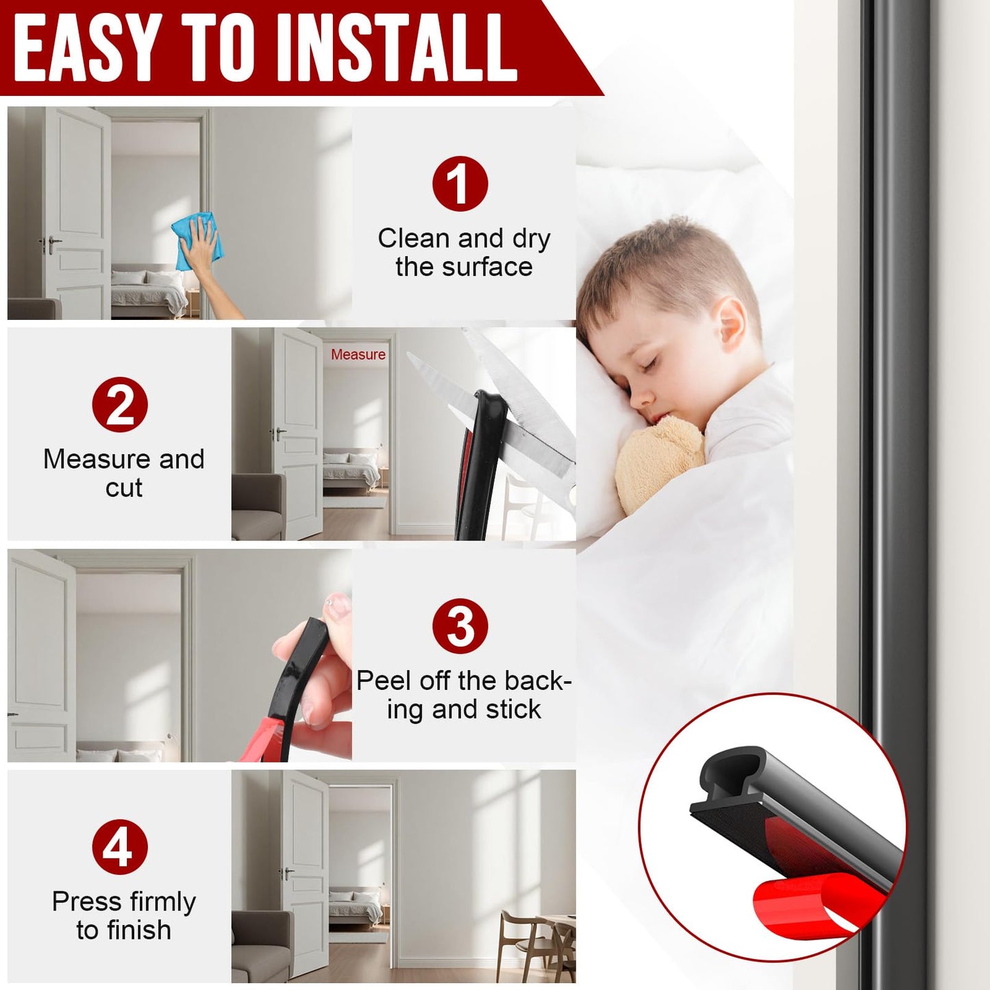 alophoty Weather Stripping Door Seal - 10 Ft Self-Adhesive TPE Rubber Door Seal Strip for Door Frame/Window Seal, Soundproofing & Insulation Strip to Block Drafts, Wind, Noise, Dust (Black)