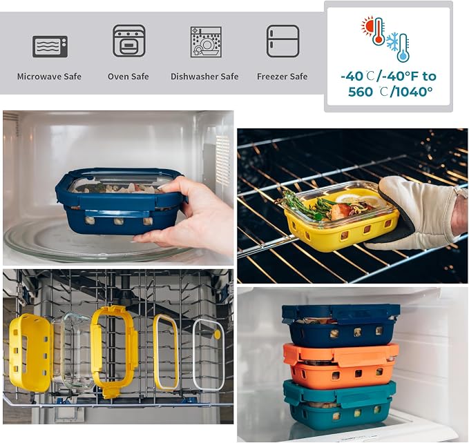 GENICOOK Glass Meal Prep Containers with Glass Lids, 5 Pack 22 oz Airtight Food Storage Containers with Silicone Sleeves, BPA-Free Borosilicate Glass, Microwave Freezer Safe