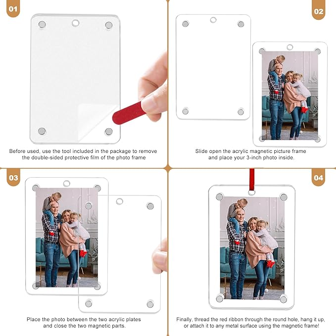 Christmas Photo Ornament Set of 4, 2x3 Inch Clear Acrylic Hanging Picture Frame for Family Photo, Christmas Tree, Holiday Decoration, Multifunctional Magnetic Picture Frames for Car and Fridge Decor