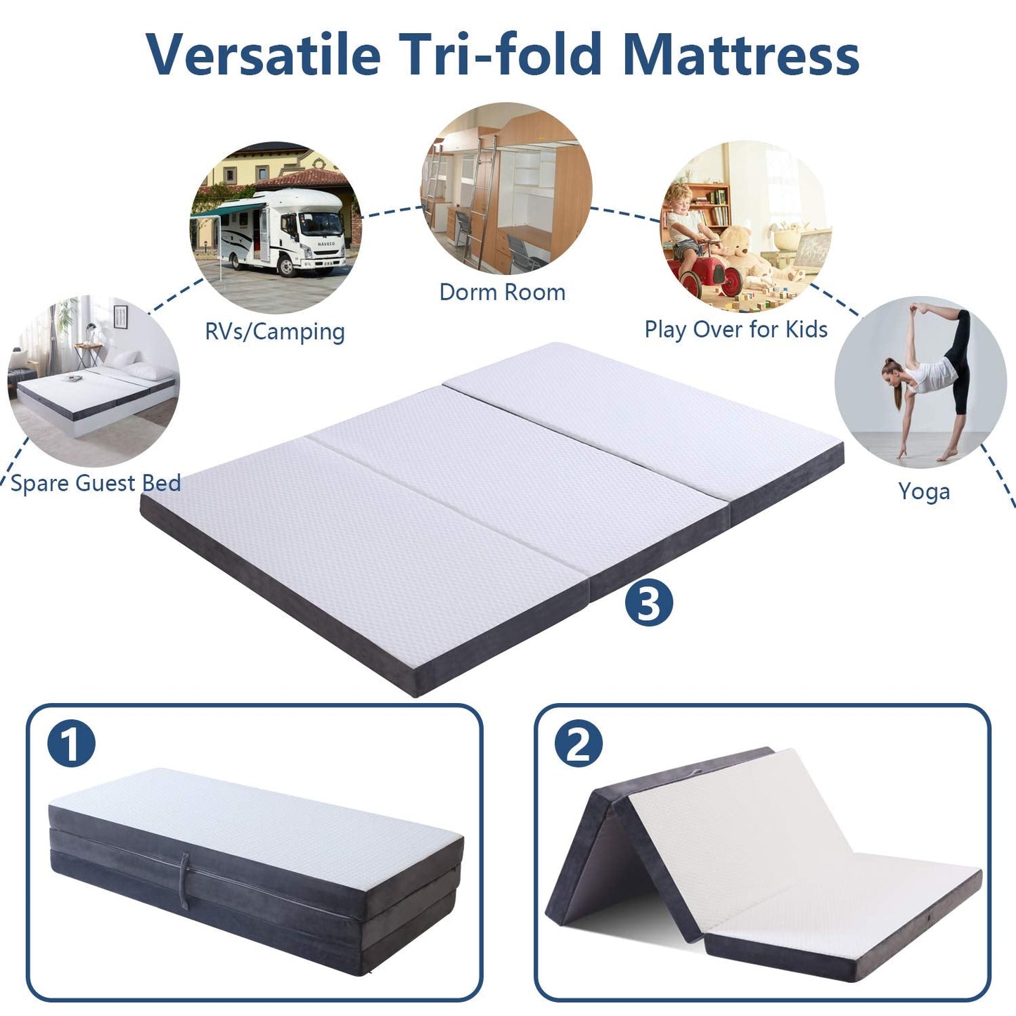 Folding Foam Mattress 4 Inch Foldable Floor Mattresses with Collapsible and Washable Cover, Portable Travel Mat Trifold Guest Mattress Camping Sofa Bed, Full 54"x75"x4"