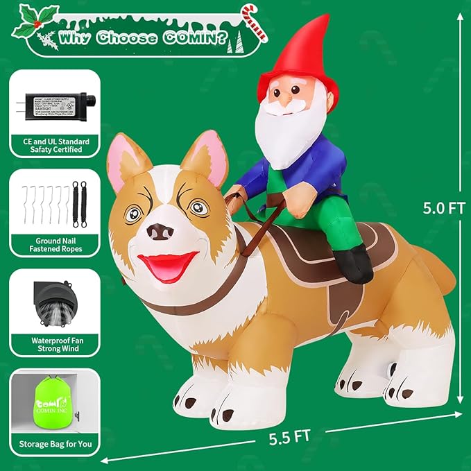 COMIN 5.5 FT Christmas Decorations Outdoor Inflatables Gnomes Ride Corgi Dog Blow Ups with Built-in LEDs for Yard Party Lawn Decor