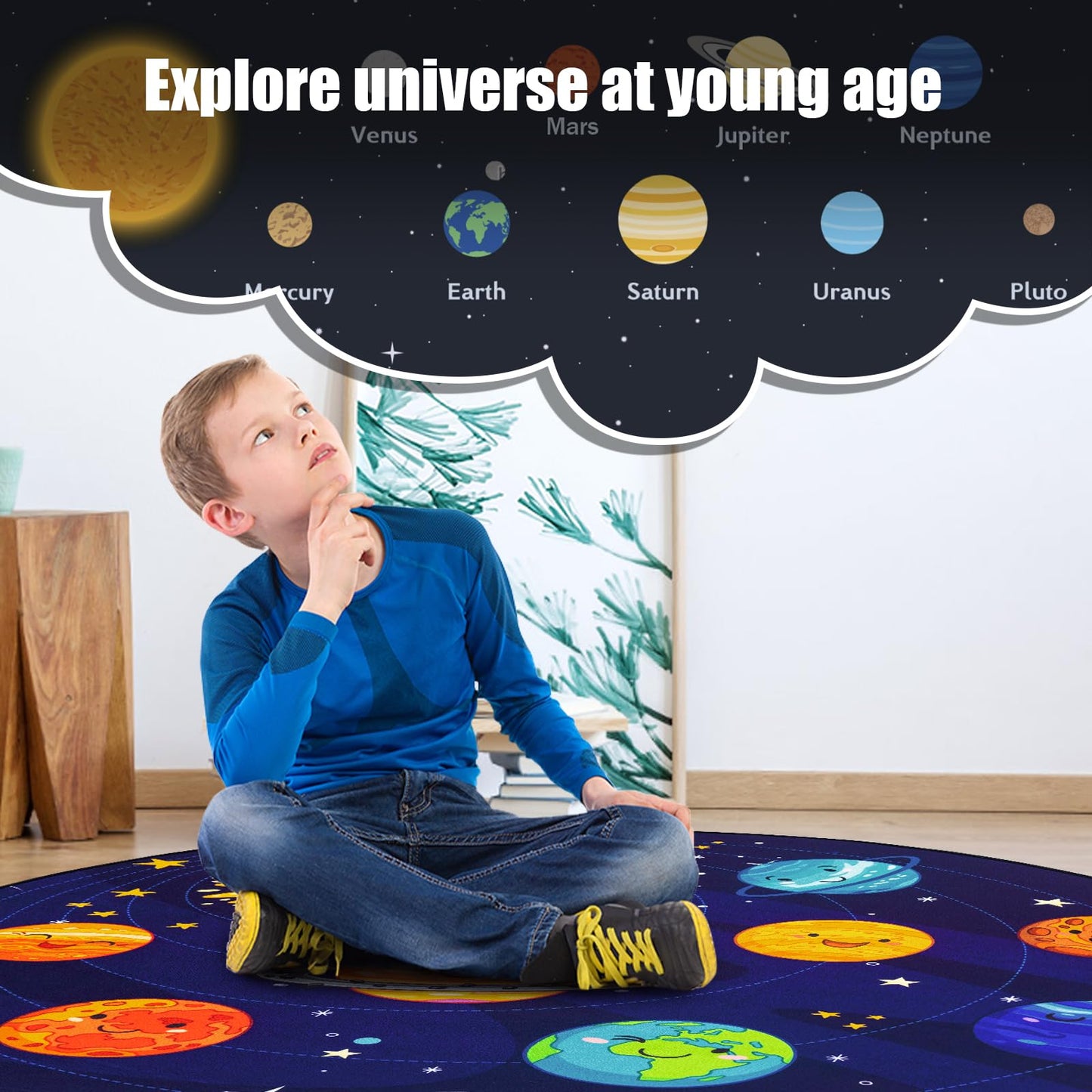Boshengya Round Space Rug for Kids Room 40x40'' Solar System Circle Rugs for Bedroom Kids Rugs for Playroom Boys Space Planet Theme Rug Living Room Dining Room Decor