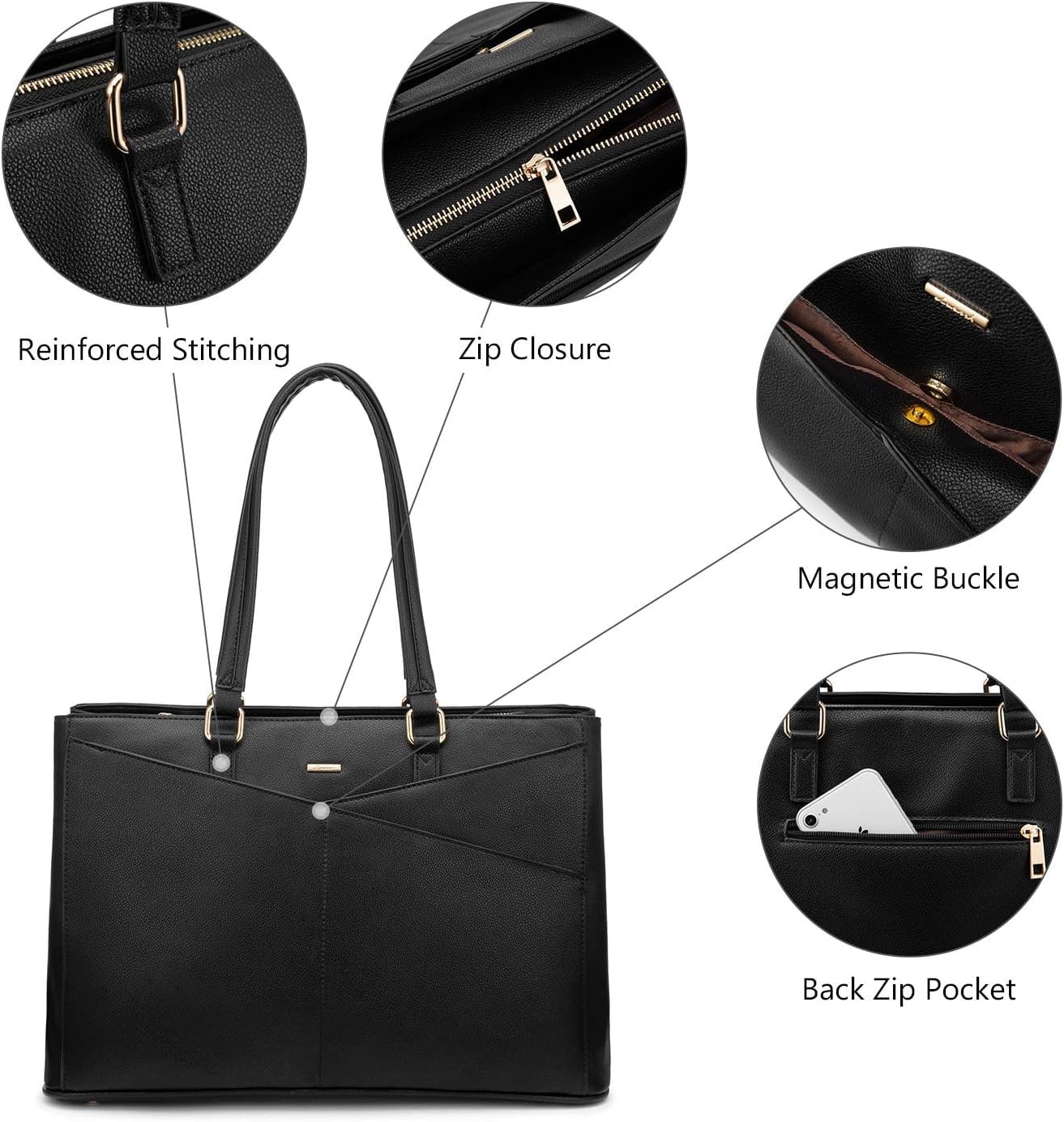 LOVEVOOK Laptop Tote Bag for Women 15.6 Inch Leather Work Bags with Large Cup Holder for Teacher Work Business,Black