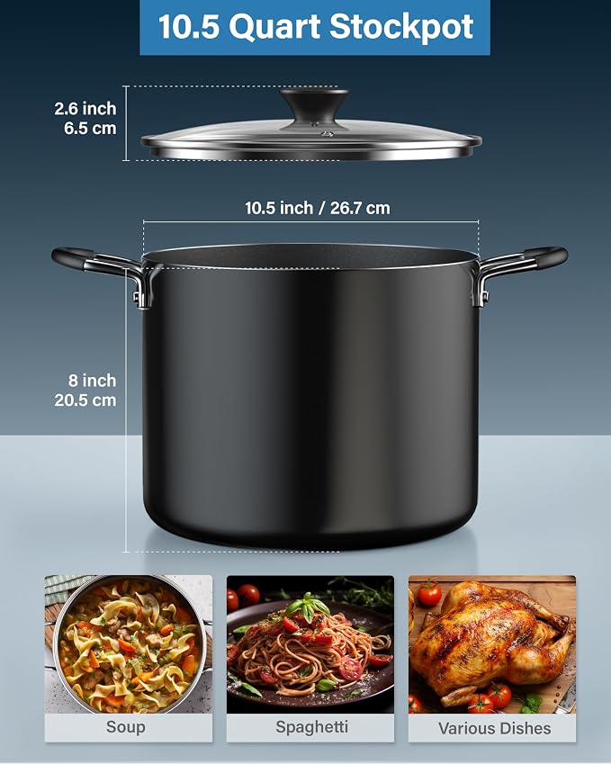 Cook N Home Professional 10.5 Quart Non stick Stock Pot with Lid, Riveted Handles, Big Soup Pot for Holiday Feasts, Stockpot with Even Heating, Induction Cookware, Oven & Dishwasher Safe, Black