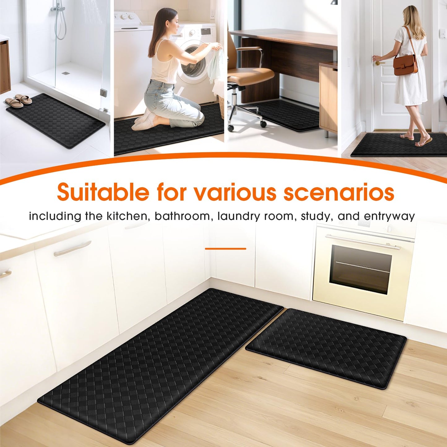 TranquilRelax 2-Piece Anti-Fatigue Kitchen Mats, Cushioned Non-Slip Waterproof Sink & Stove Floor Mats, Comfortable Standing Rug Set for Kitchen, Laundry & Entryway Black