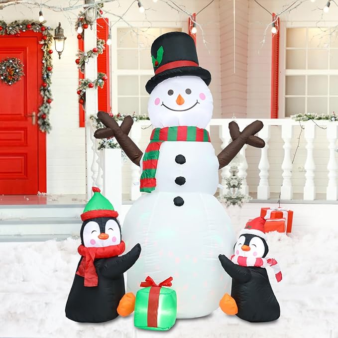 6 FT Christmas Inflatable Decorations, Infaltables Snowman with 2 Penguins Built-in Twinkle Colorful LED Lights Christmas Blow up Yard Decorations for Xmas Garden Patio Lawn Decor
