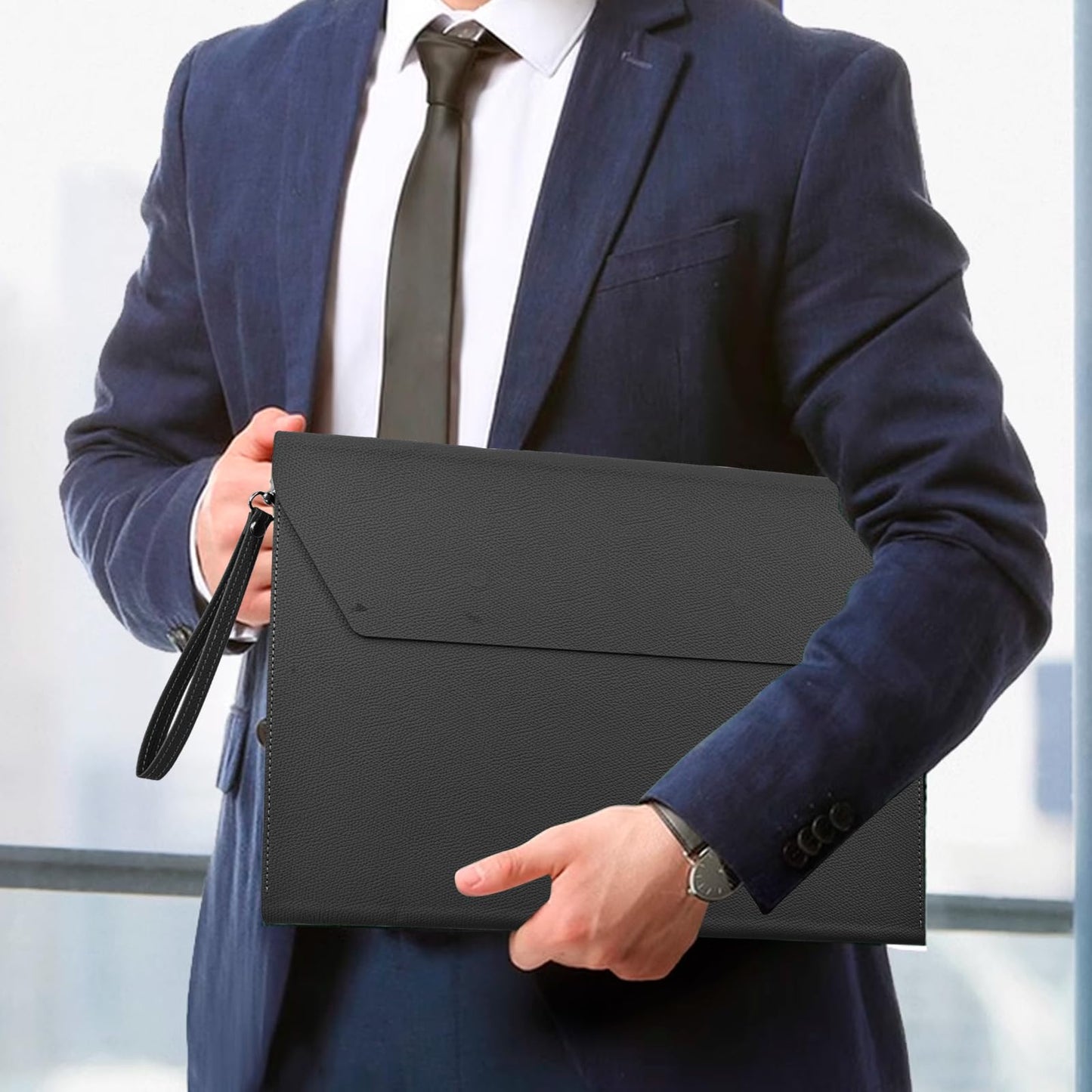 VANRA Expanding File Folder Organizer PU Leather Document Holder File Pocket Envelope Portfolio Bag with Hand Strap and Magnetic Closure for A4 Letter Size Paper (Black)