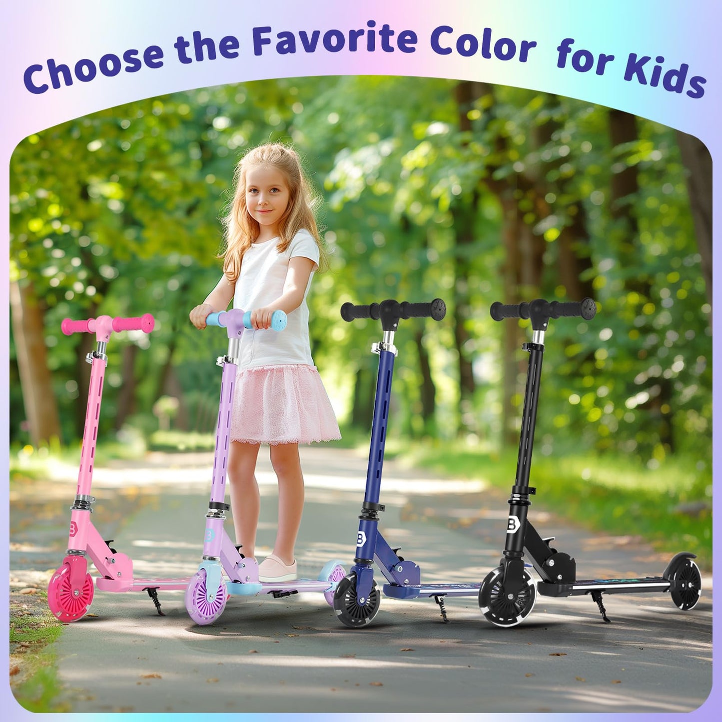BELEEV Scooters for Kids with Light-Up Wheels & Stem & Deck, 2 Wheel Folding Scooter for Girls Boys, 4 Adjustable Height, Lightweight Kick Scooter with Kickstand for Children Ages 3-12 (Dark Black)