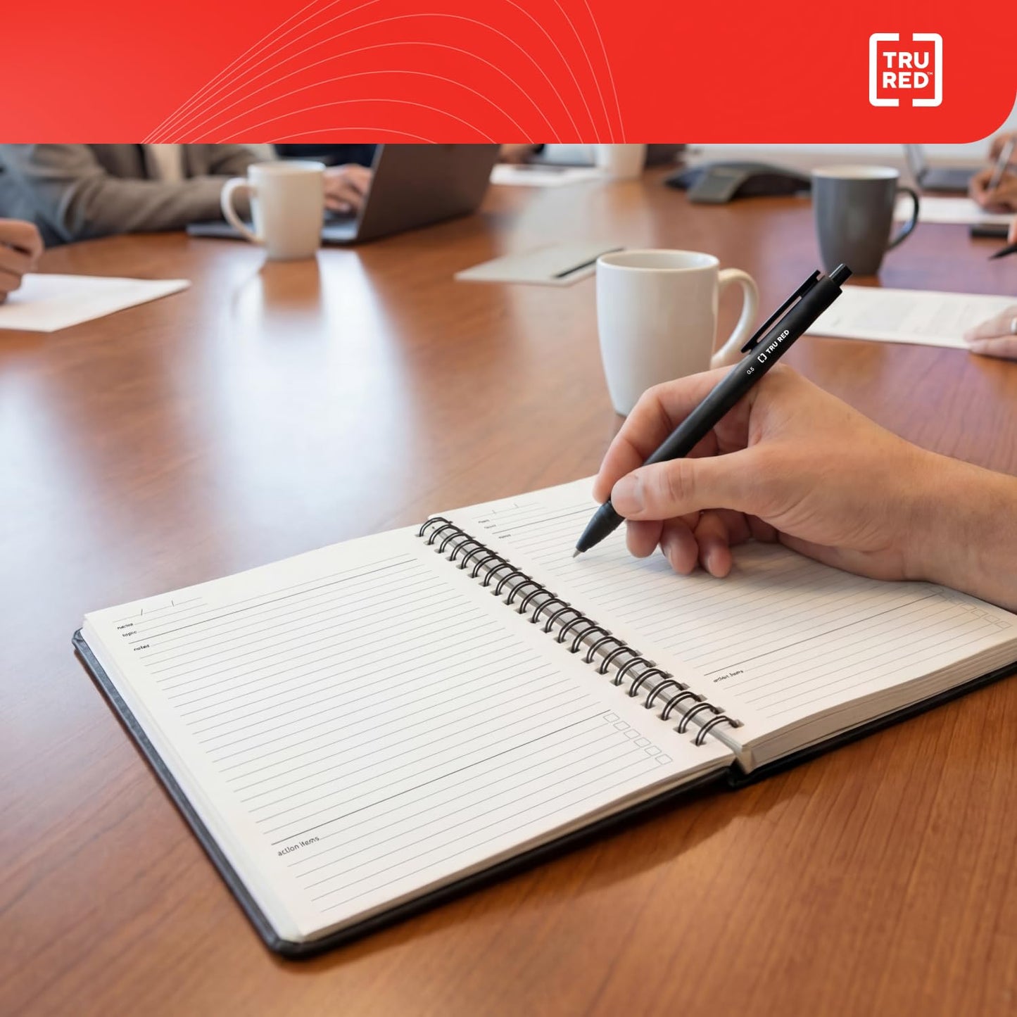 TRU RED Medium Soft Cover Meeting Notebook, Black – Ruled, Spiral Bound, 80 Sheets, Interior Pocket