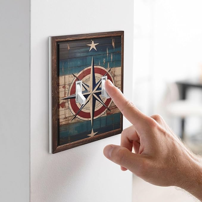 Decorative Art Light Switch Covers Nautical Rustic Star Emblem 2 Gang Double Toggle Wall Plate Decorative Switchcover Electrical Switchplate for Home Decor