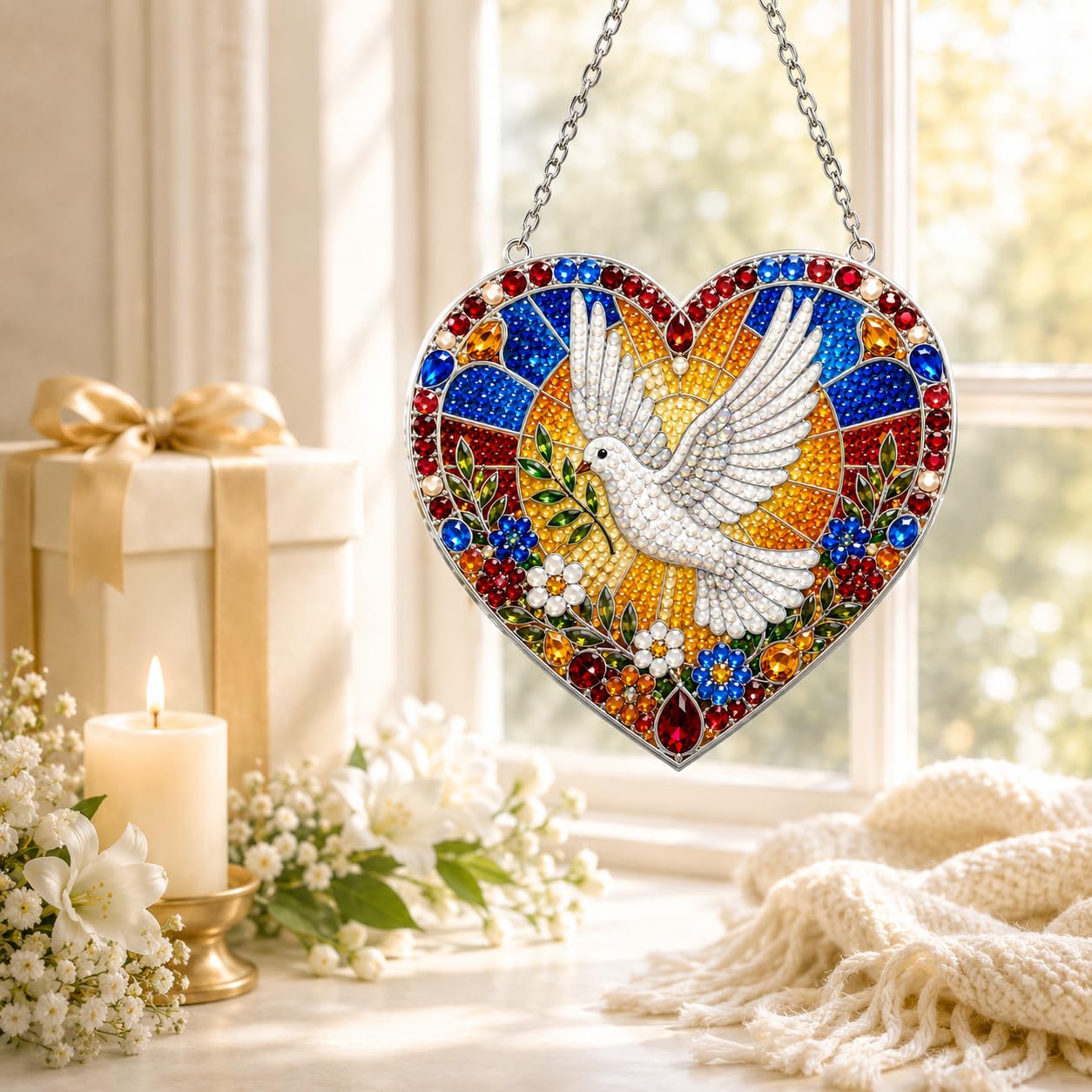 DIY Diamond Art Painting Wreath Kits,Special Shaped Rhinestone Hanging Ornament Diamond Art Window Pendants for Gift Home Garden Wall Hanging Kits,Double Sided (Dove)